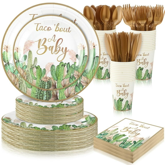 Skybooly 350 Pcs Taco' Bout A KKS1Baby Party Cactus Taco Pampas Grass Baby Shower Party Tableware Set Disposable Plates Cups Napkins Cutlery for Birthday Baby Shower Wizard Party, Serve 50