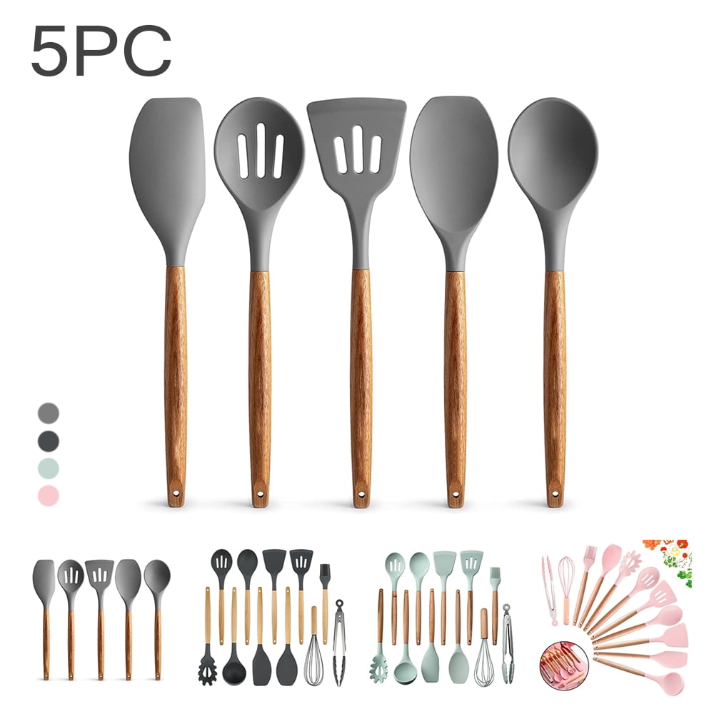 Silicone Kitchen Utensils Set with Holder - Heat Resistant Cooking Utensils Set for Nonstick Cookware,Wooden Handle Soup Spoon Kitchen Utensil Set 5pc