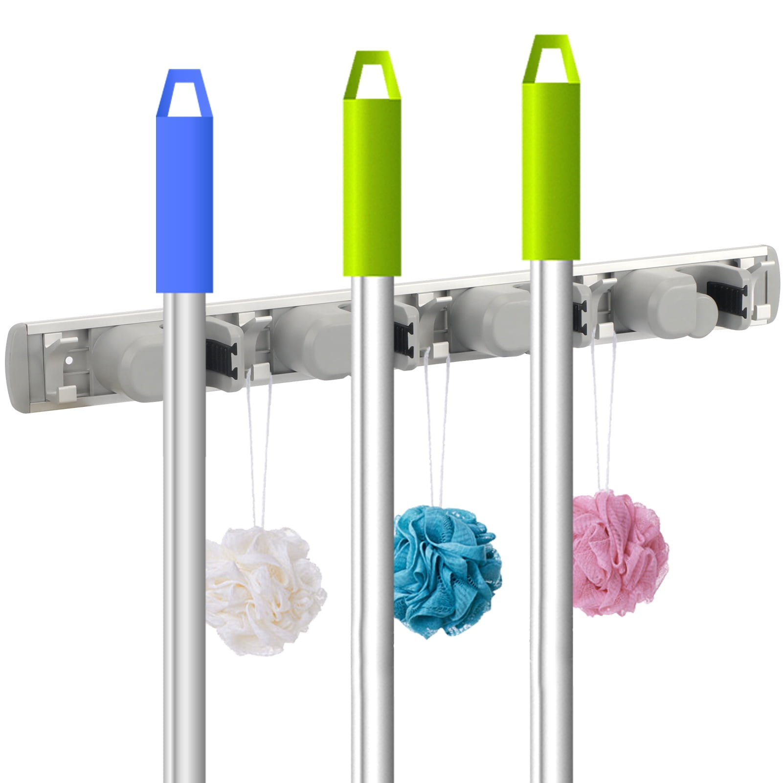 Skycase Broom Holder, Broom Holder Over The Door with 4 Racks and 5 Hooks, Wall Mounted or Hanging Over The Door Broom Storage Tool Organizer for Garage Closet Laundry