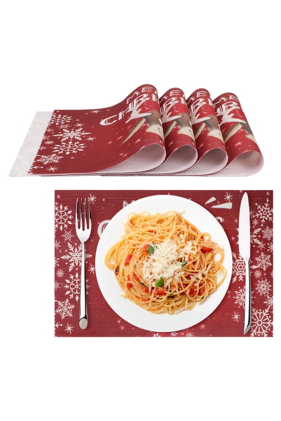 Christmas Placemat Set of 4,PVC Table Placemats,Non-Slip Dining Table Mats, Washable Kitchen Table Place Mats for Home Kitchen Christmas Party Decoration,Red