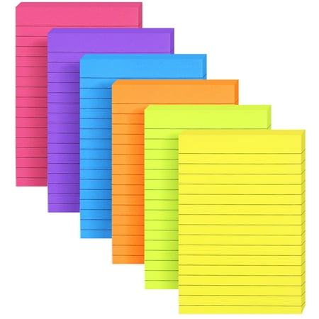 Colored Lined Sticky Notes, 4x6 Inch, Assorted Colors, 6 Pads (6 Pack)