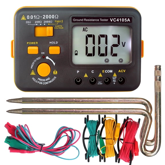 Skycenx VC4105A Ground Earth Resistance Meter Tester,SKYCENX Grounding Meter Tester for Earthing,Offers Three Resistance Ranges (20/200/2000) and AC Voltages 750V,with Tool Bag