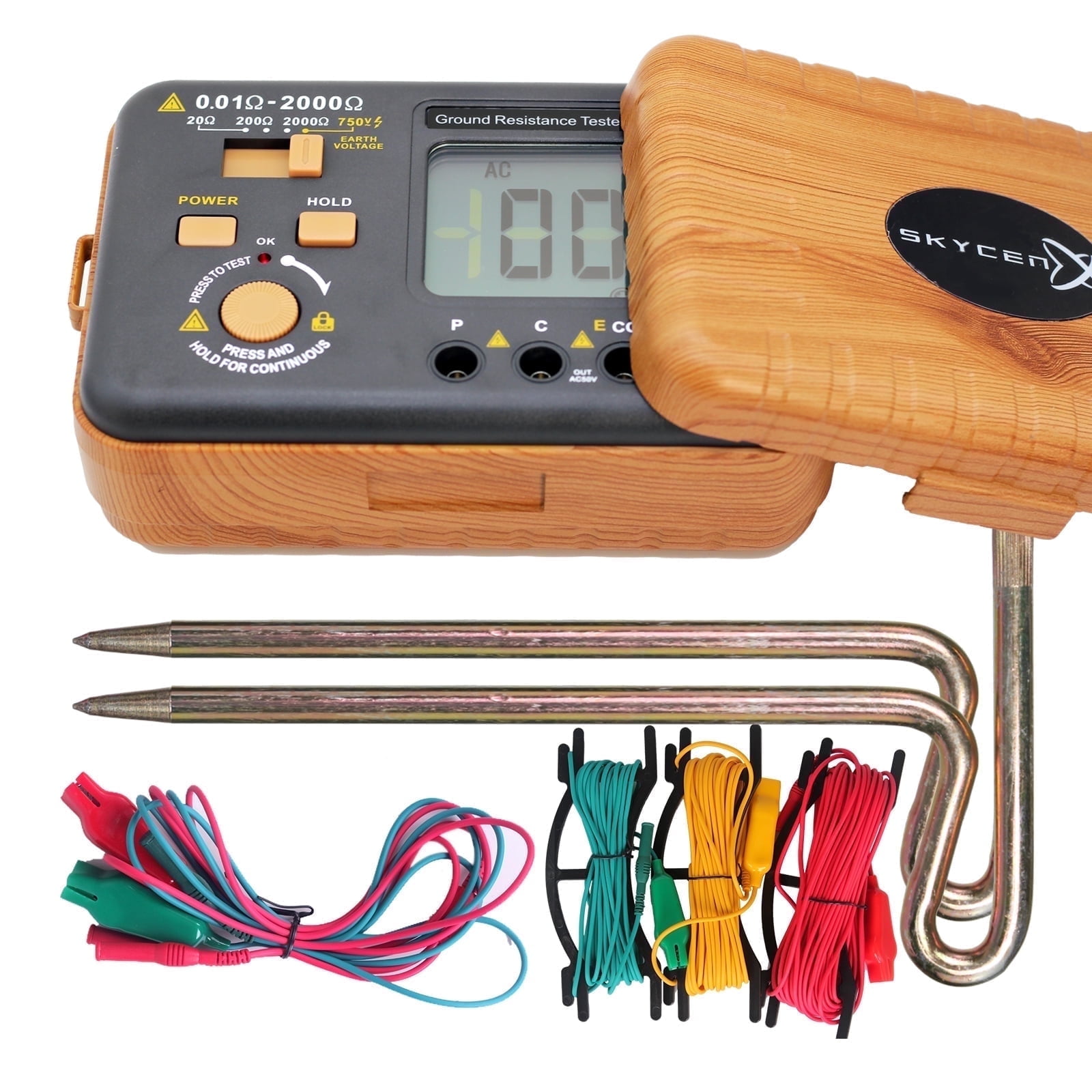 Skycenx VC4105A LCD Digital Earth Resistance Tester Wood-Look Casing Offers Three Resistance Ranges(20/200/2000) and AC Voltages 750V NCV Power Detection Feature