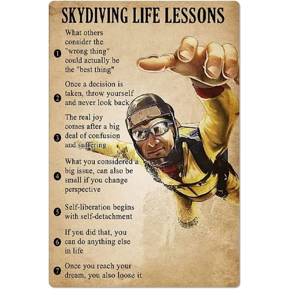 Skydiving Metal Sign Life Lessons Tin Poster Inspirational Wall Decor Plaque for Home or Room, 8 x 12 Inches