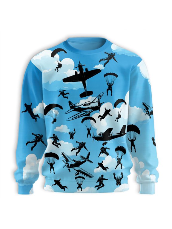 Skydiving Sweatshirt, Parachute Airplane Cloud Pattern Pullover, Skydiver Aviation Lover Gift for Men Women