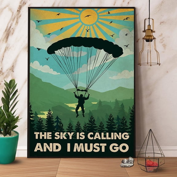 Skydiving The Sky Is Calling I Must Go Green Mountain Vintage Vertical Paper Poster No Frame Wrapped Wall Decor 24 x 36 Inch Poster
