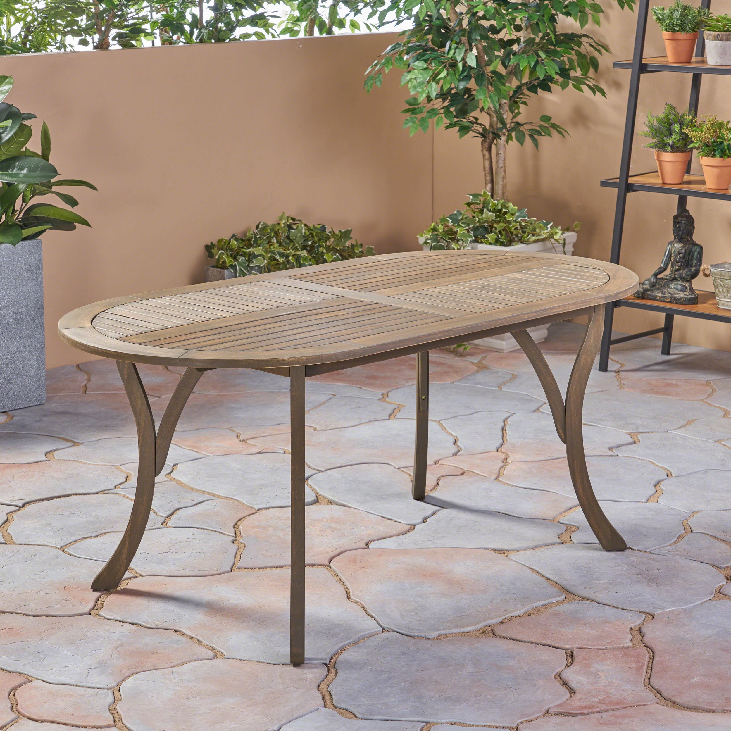 Calm Gray Acacia Wood Oval Outdoor Dining Table for 6