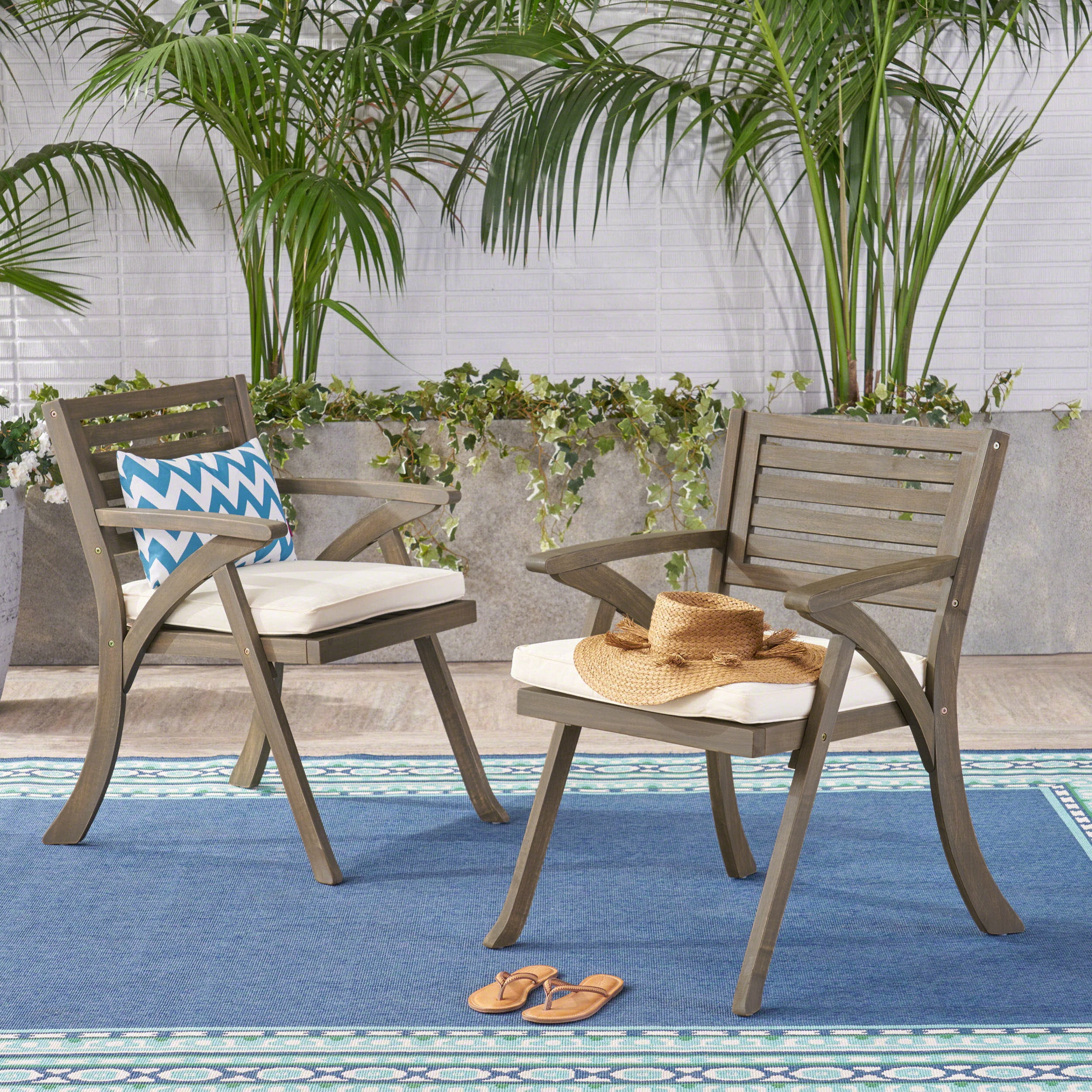 Gray Acacia Wood Outdoor Dining Armchair with Cream Cushions