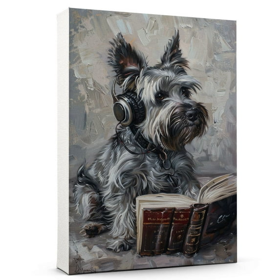 Hudo Skye Terrier Dog read Book Painting Wall Art, Cute dog Headphones - Funny Dog Canvas Poster for Kids' Room Decor Ready to Hang