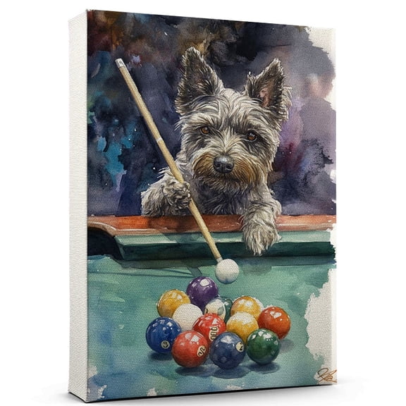 Skye Terrier Dog Playing Billiards Wall Canvas Skye Terrier Canvas Art for Dog Lovers, Billiards Canvas and Unique Room Decor