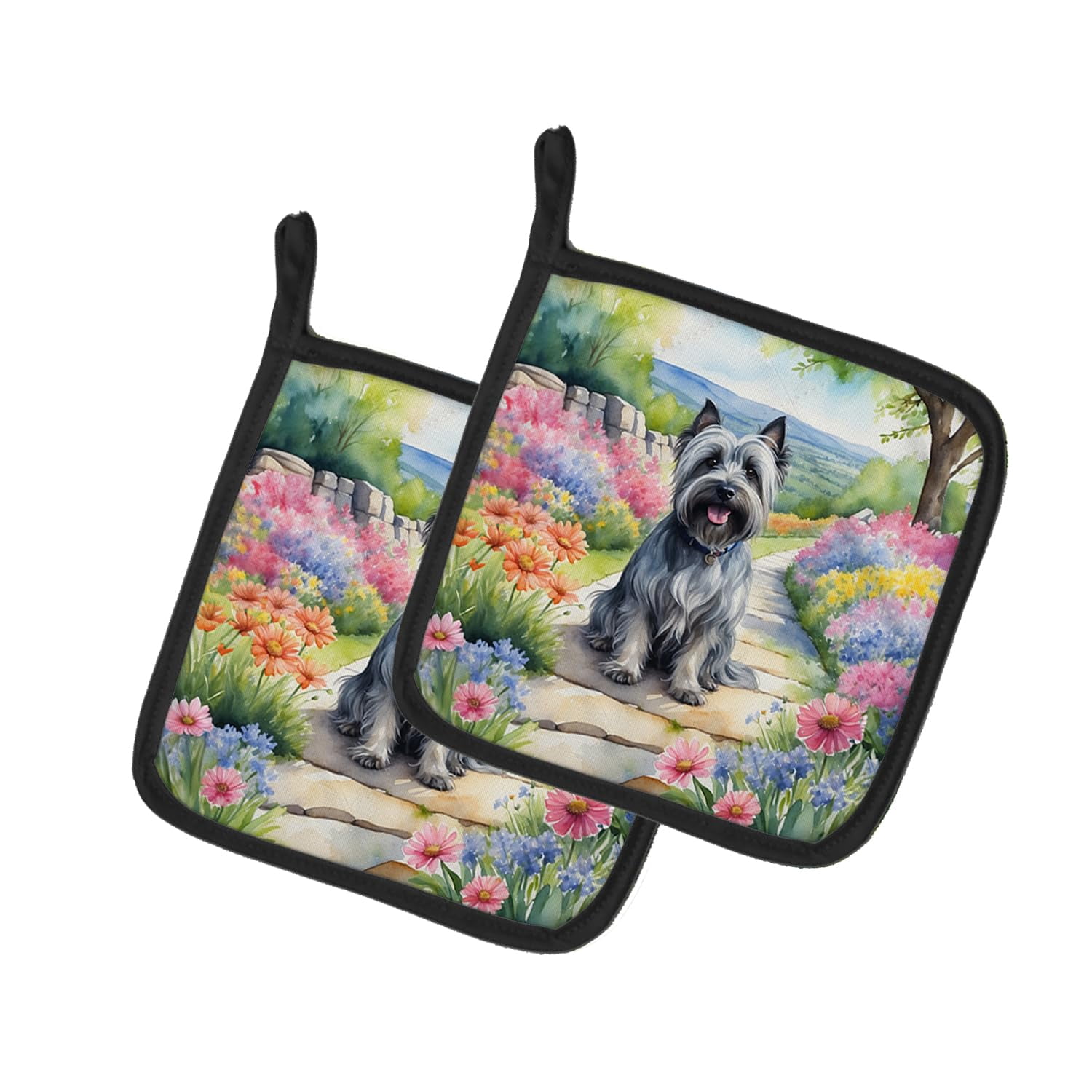 Skye Terrier Spring Path Pair of Pot Holders 7.5 in x 7.5 in
