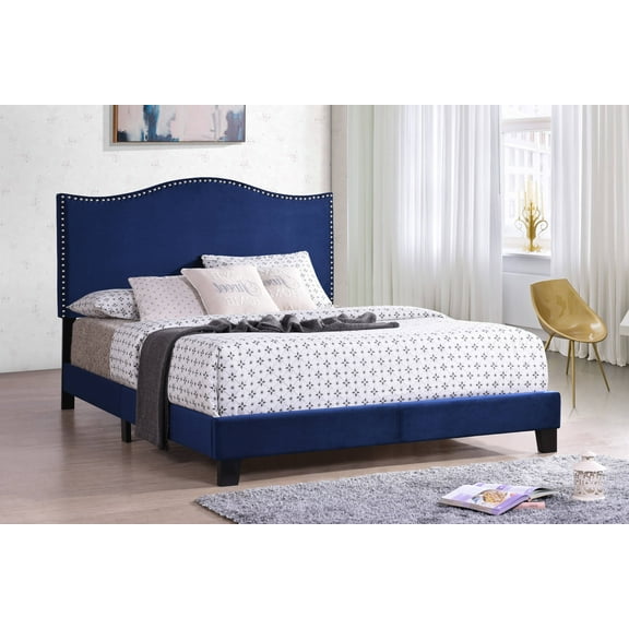 Skye Upholstered Panel Bed, Blue Velvet, Full, With Solid Wood Legs, Nailhead Headboard, Footboard, Rails, Slats
