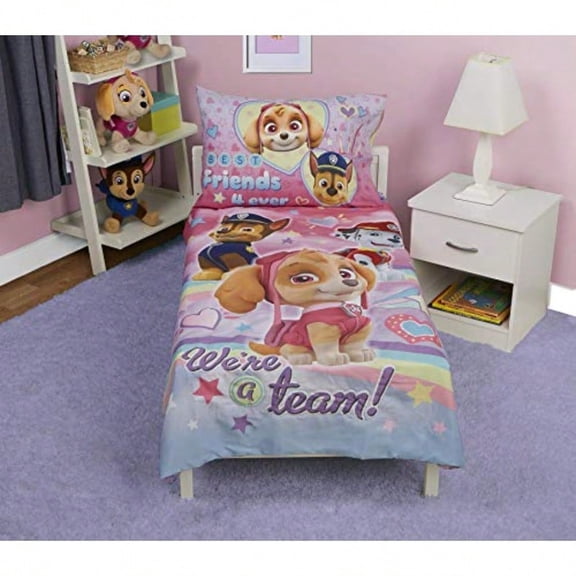 Skye We're A Team 4 Piece Toddler Bedding Set - Includes Comforter Sheet Set - Fitted + Top Sheet + Reversible Pillow Case for Girls Bed Pink