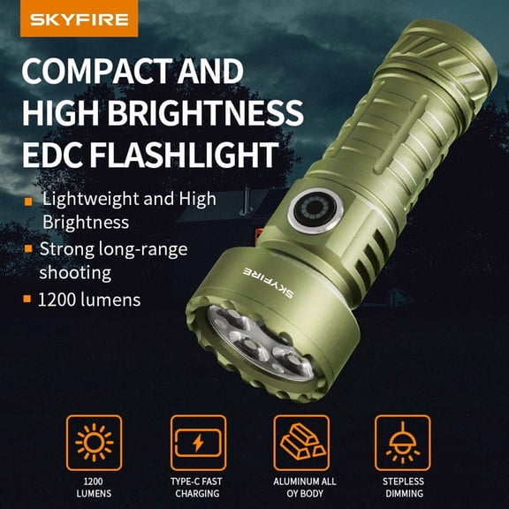 Skyfire Rechargeable LED Flashlight, 1200LM, Lightweight 96g Design, 3 Lighting Modes for Night Work and Hiking