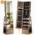 thumbnail image 1 of Skyhill 360°Swivel Jewelry Armoire, 60" Full Length Mirror Cabinet with 3 Rear Shelves, Bottom Drawer, Brown, 1 of 9