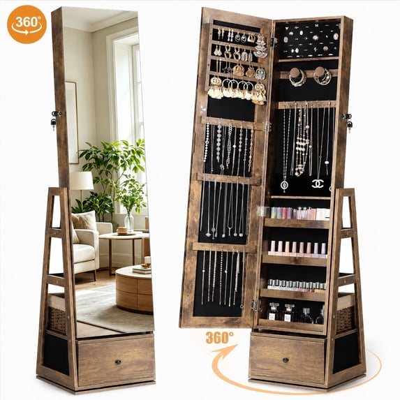 Skyhill 360°Swivel Jewelry Armoire, 60" Full Length Mirror Cabinet with 3 Rear Shelves, Bottom Drawer, Brown
