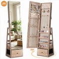 thumbnail image 1 of Skyhill 360°Swivel Jewelry Armoire, 60" Full Length Mirror Cabinet with 3 Rear Shelves, Bottom Drawer, Oak, 1 of 9