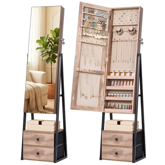 Skyhill Jewelry Cabinet Armoire, Full-Length Mirror Lockable with with 2 Drawers and Shelf（Oak）