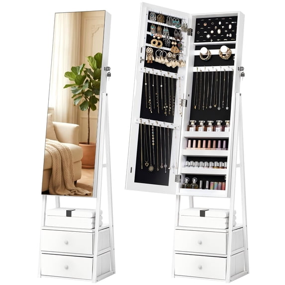 Skyhill Jewelry Cabinet Armoire, Full-Length Mirror Lockable with with 2 Drawers and Shelf(White)