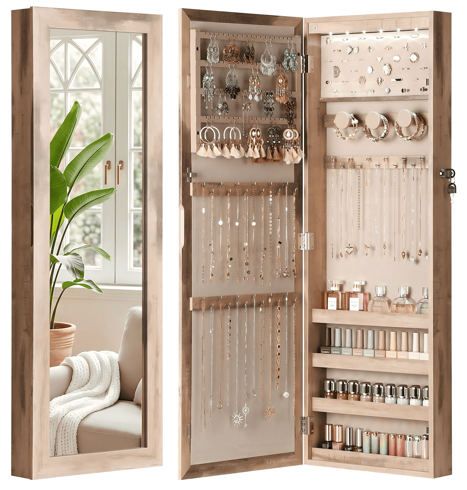 Skyhill Mirror Jewelry Cabinet,40in Jewelry Armoire Organizer,Door or Wall Mounted,6 LED Lights（Oak）