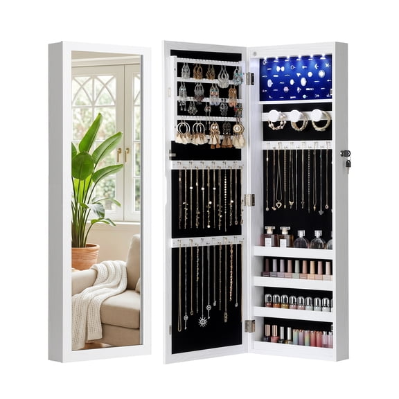 Skyhill Mirror Jewelry Cabinet,40in Jewelry Armoire Organizer ,Door or Wall Mounted, 6 LED Lights(White)