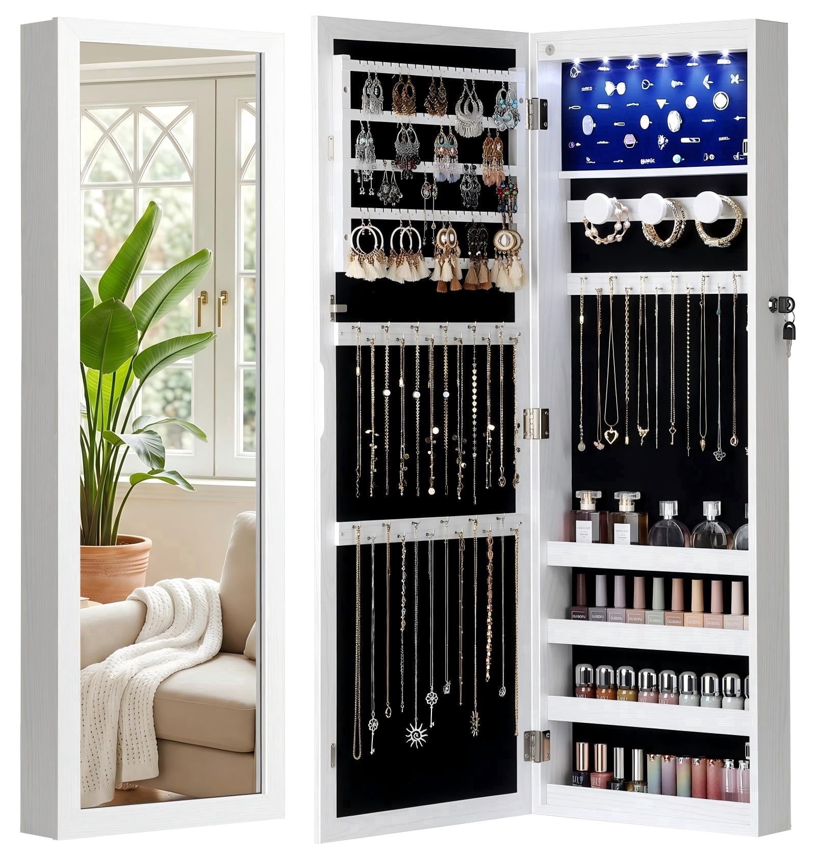 Skyhill Mirror Jewelry Cabinet 40in Jewelry Armoire Organizer ,Door or Wall Mounted,6 LED Lights (White）