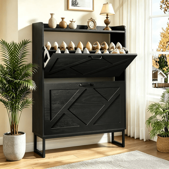 Skyhill Shoe Cabinet with 2 Flip Drawers,Farmhouse Shoe Organizer for Entryway,Black