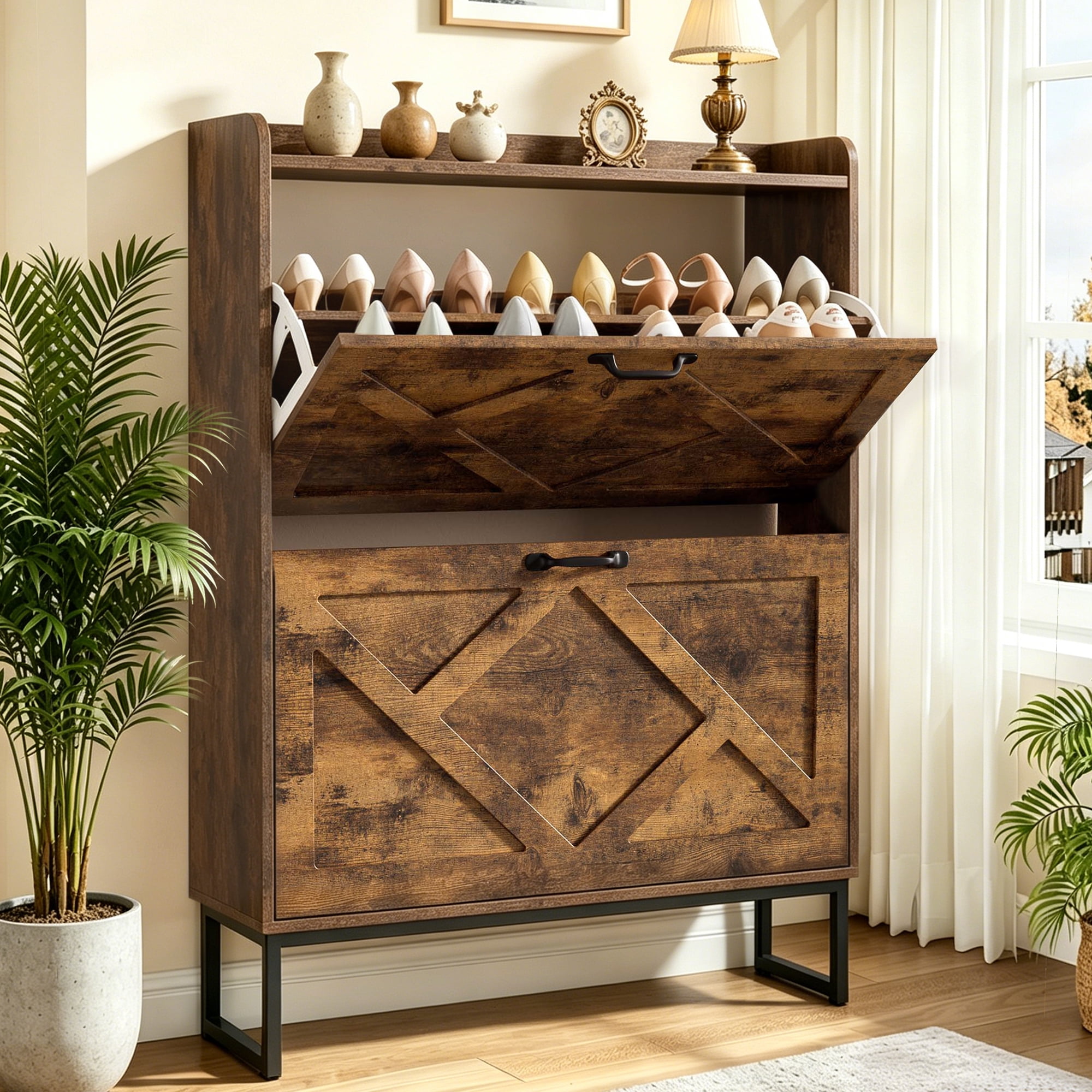 Skyhill Shoe Cabinet with 2 Flip Drawers,Farmhouse Shoe Organizer for Entryway,Brown