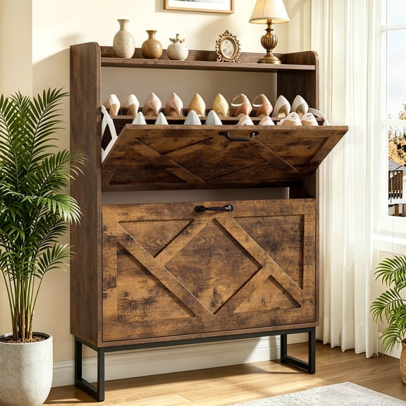 Skyhill Shoe Cabinet with 2 Flip Drawers,Farmhouse Shoe Organizer for Entryway,Brown