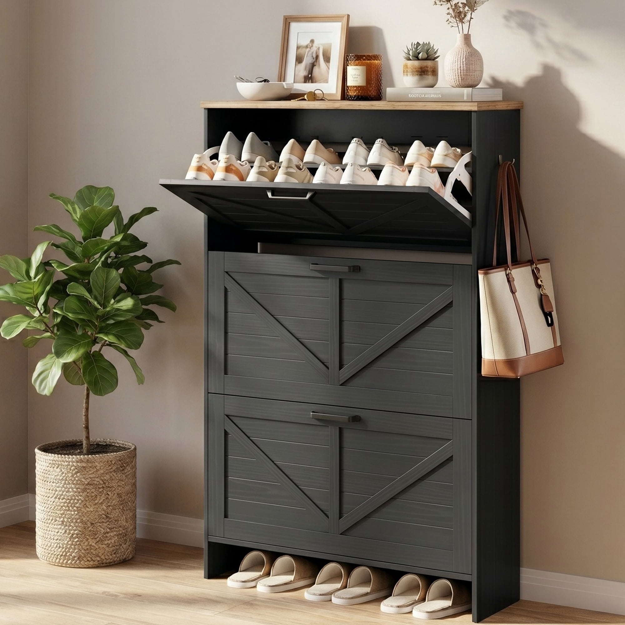 Skyhill Shoe Cabinet with 3 Flip Drawers, Farmhouse Shoe Storage Cabinet Organizer for Entryway, Black