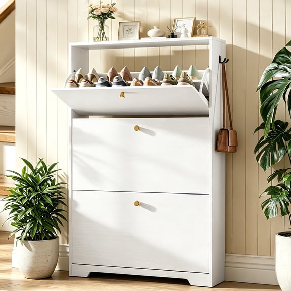 Skyhill Shoe Cabinet with 3 Flip Drawers,Modern Shoe Organizer for Entryway,White