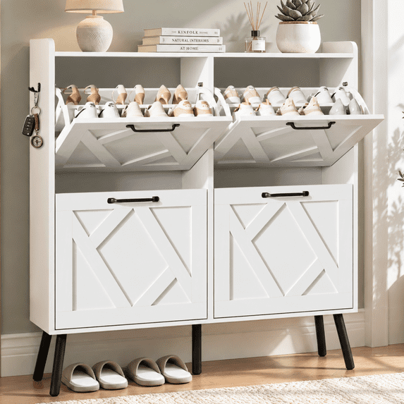 Skyhill Shoe Cabinet with 4 Flip Drawers,Farmhouse Shoe Storage Organizer for Entryway,White