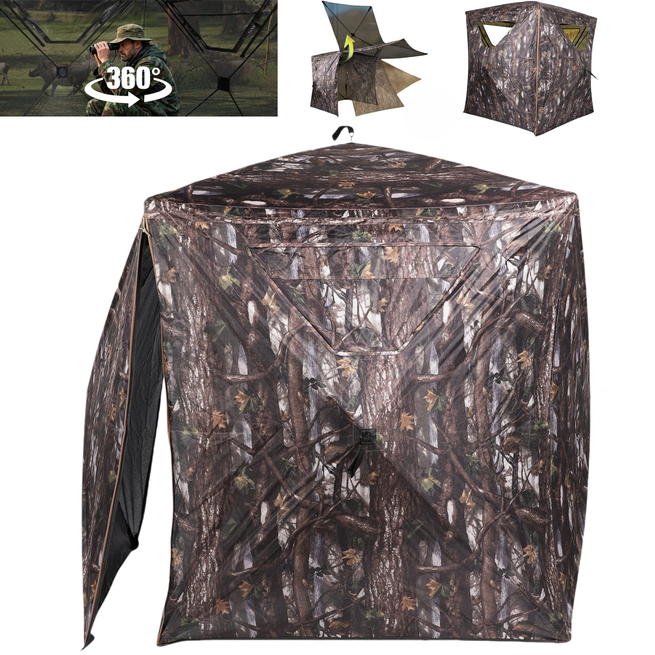 Skyhot 360 See Through Ground Hunting Blind for 2 Persons,300D Pop Up Resilient Portable Tent with Up-downside Door and Carrying Bag for Deer Turkey