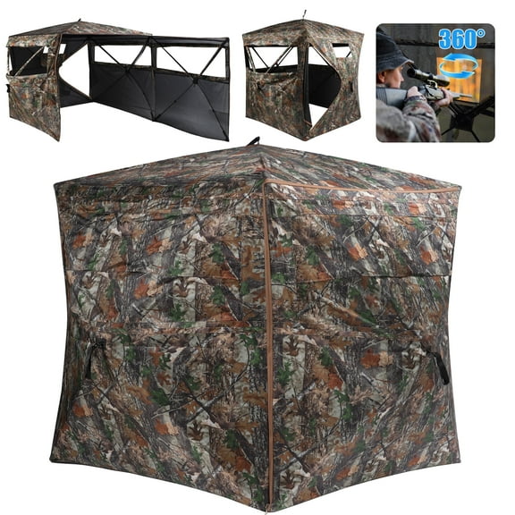 Skyhot 360° See Through Ground Hunting Blind for 2-3 Persons,300D Pop Up Resilient Portable Tent with Swing Door and Carrying Bag for Deer Turkey