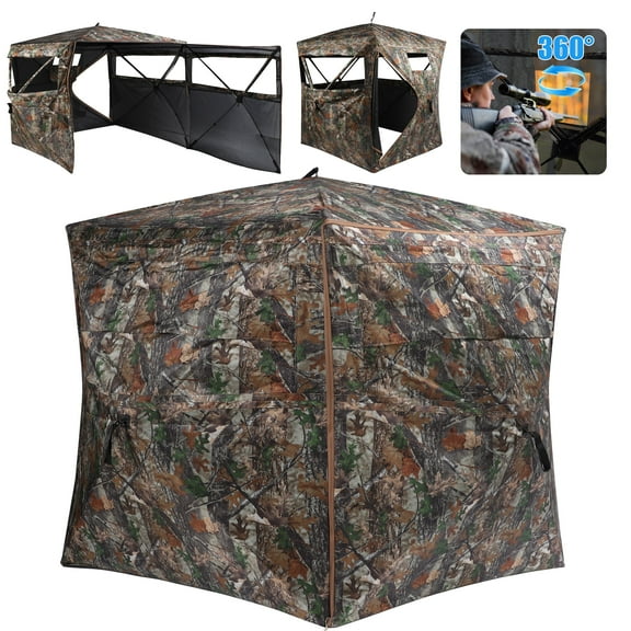 Skyhot 360° See Through Ground Hunting Blind for 2-3 Persons,300D Pop Up Resilient Portable Tent with Swing Door and Carrying Bag for Deer Turkey