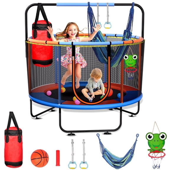Skyhot 55" Indoor Outdoor Mini Round Trampoline for Kids, 7 in1 Kid Trampoline Indoor & Outdoor with Enclosure Net and Basketball Hoop