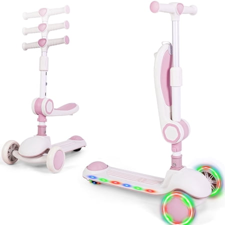 Skyhot Kick Scooter for Kids ages 3-6 with Foldable Seat/3 LED Wheels/3 Height-adjustable Handlebar/Safe Wide Anti-Slip Brake Deck,Indoor and Outdoor Gift for Girls,Pink