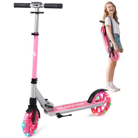 Skyhot Foldable Kick Scooter for Teens(Ages 6+) with LED Wheel&Carrying Shoulder Belt, Portable&Lightweight Gift for Girls/Daughter, Pink