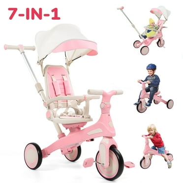 Skyhot Kids' Tricycle Stroller, 7-in-1 Multifunctional Kids Trike Balance Bike with Adjustable Parent Handle, Toddler Bike for Ages 1-5, Pink