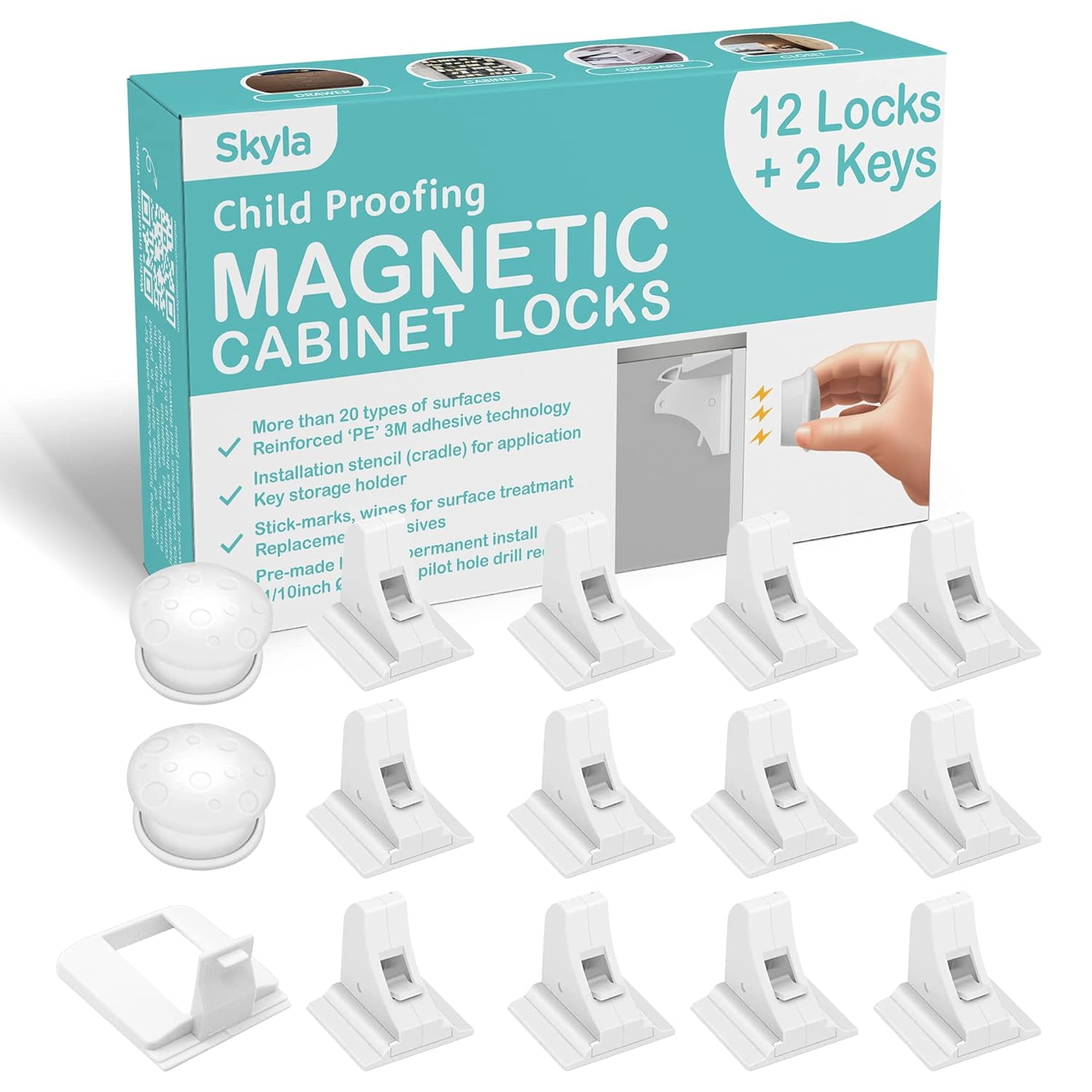 White Magnetic Child Proof Cabinet Locks 12-Pack