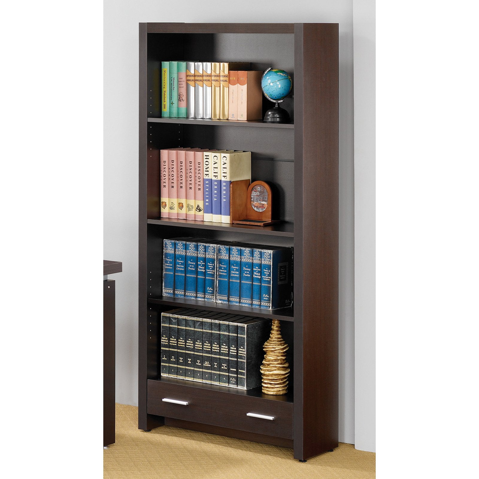 Transitional Skylar 70.75" Cappuccino Wood Bookcase with Storage Drawer