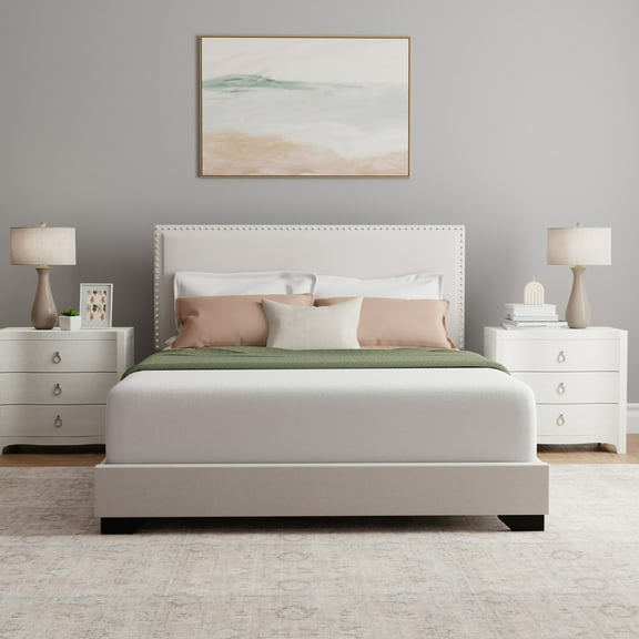 Skylar Nailhead Trim Upholstered Full Platform Bed, Cream