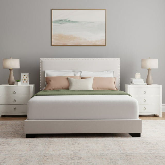 Skylar Nailhead Trim Upholstered Full Platform Bed, Cream