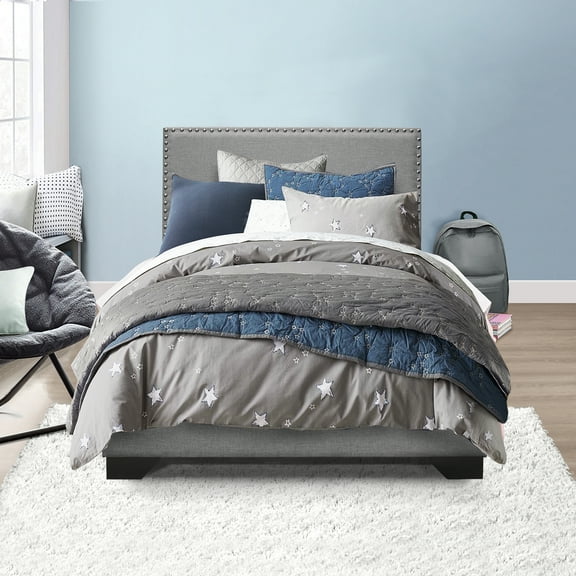 Skylar Nailhead Trim Upholstered Twin Platform Bed, Glacier