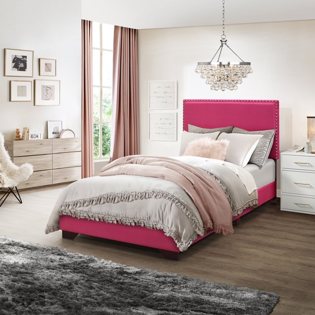 Skylar Nailhead Trim Upholstered Twin Platform Bed, Pink