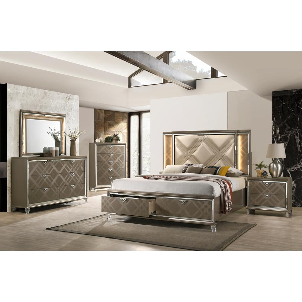 Skylar Queen Champagne Faux Leather Storage Bed with LED