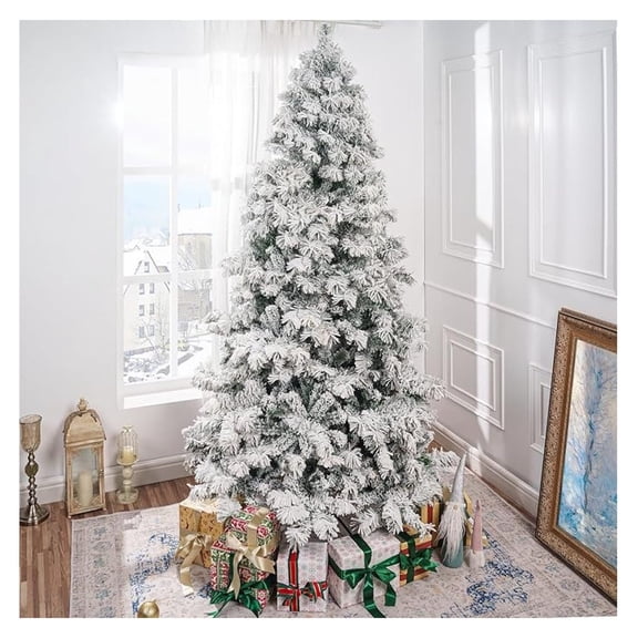 Skylar Snow Flocked Prelit Christmas Tree 7.5ft - Frosted Alaskan Pine - Warm White Lights - Full & Realistic Holiday Decor