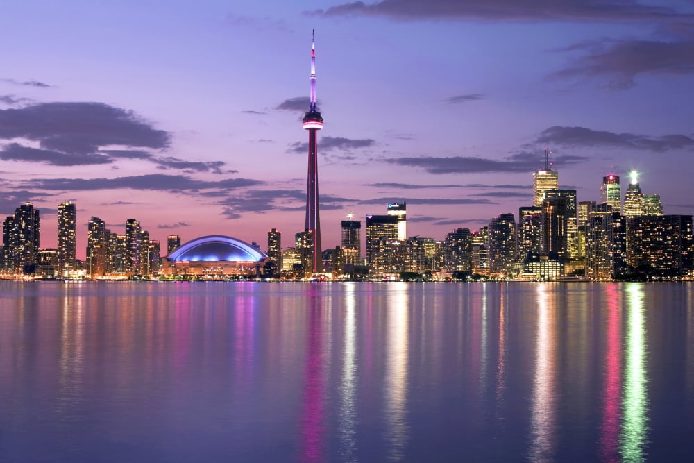 Skyline At Night From Centre Island Toronto Ontario Canvas Art - Peter Mintz Design Pics (17 x 11)