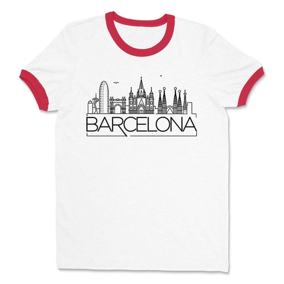 Skyline Barcelona Ringer Tee Shirt Unisex Large White/Red