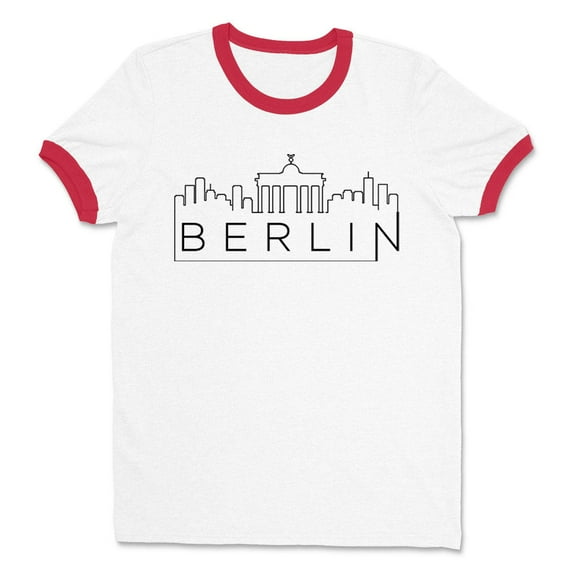 Skyline Berlin Germany Ringer Tee Shirt Unisex Medium White/Red